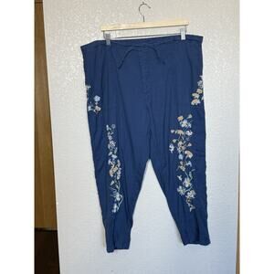 Sundance Embroidered Tie Waist Ankle Pants Size XL Blue Floral